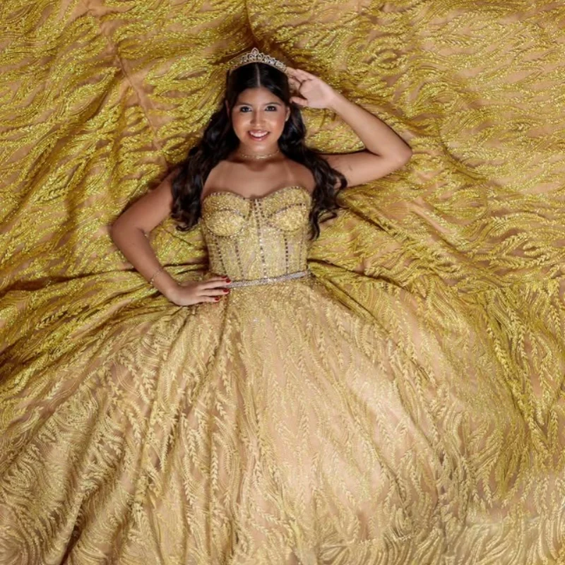 

Shiny golden Quinceanera Dress off-shoulder crystal glitter decal vestidos de 15 Quinceanera ﻿Customize