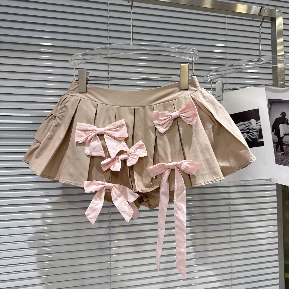 2026 Summer New Sweet Girly Pink Bow Contrast Elastic Waist Pleated Mini Skirt for Women