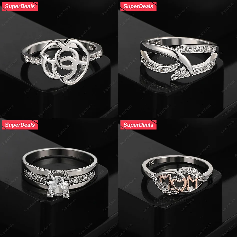 

SuperDeals 925 Sterling Silver Flower Heart Crystal Zircon Geometric Round Ring Women Charm Jewelry Gift Birthday Wedding Party