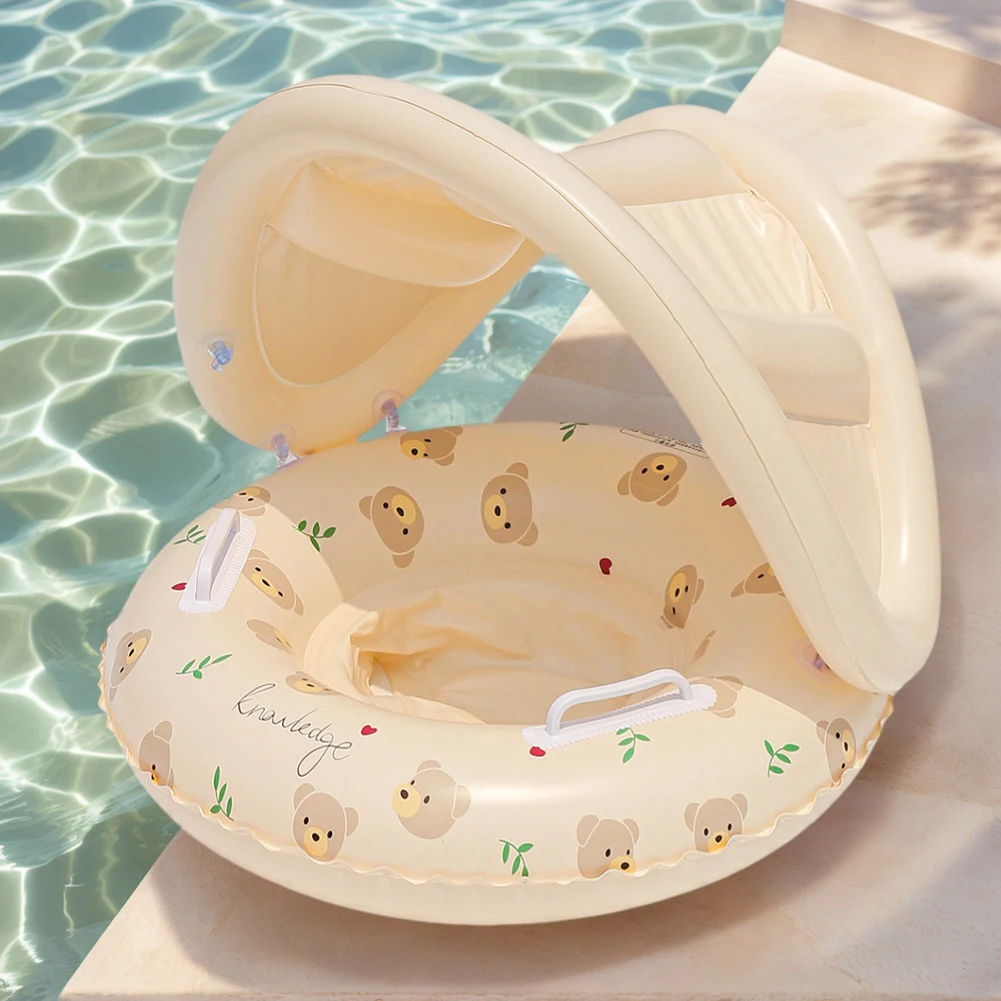 Baby Swim Ring Inflatable Pool Floats Leakproof Floral Pool Rings with Handles & Seat with Sun Protection Canopy for Boys Girls