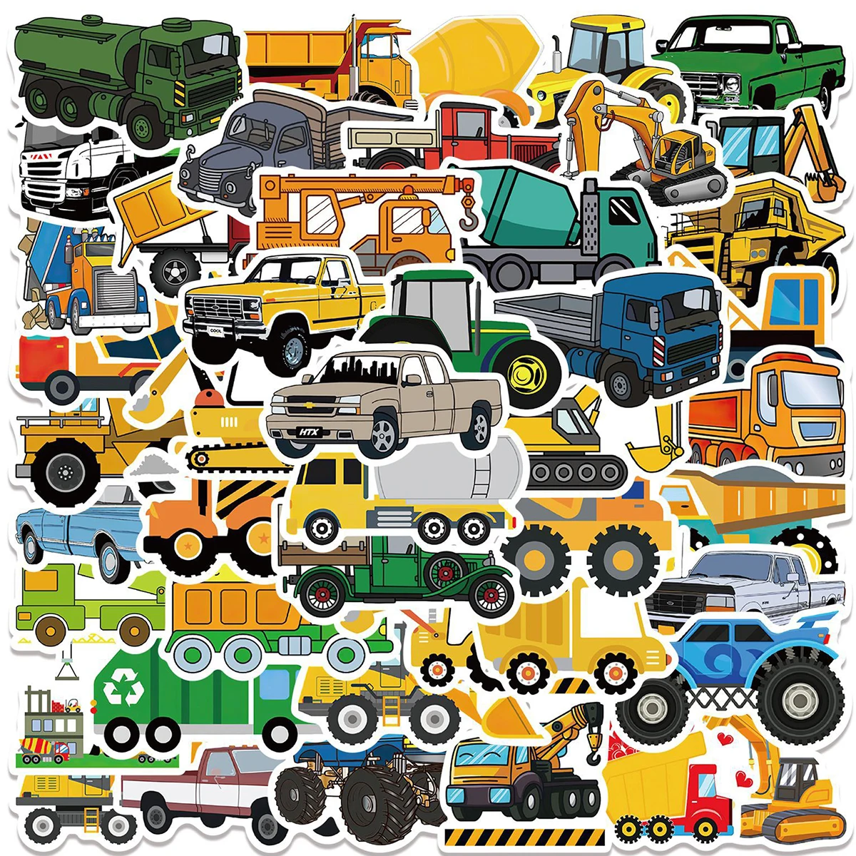 50 Cartoon Construction Vehicle Stickers, Graffiti Style, Elements of Excavators, Trucks, and Mixers, DIY Decoration Materials for Journals