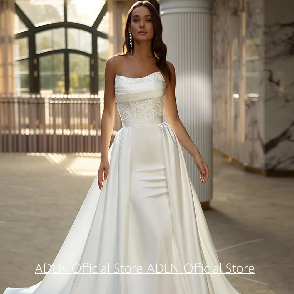 Prachtige zeemeermin trouwjurk afneembare trein op maat gemaakte ronde hals kralen lovertjes satijnen bruidsjurk Robe Mariee