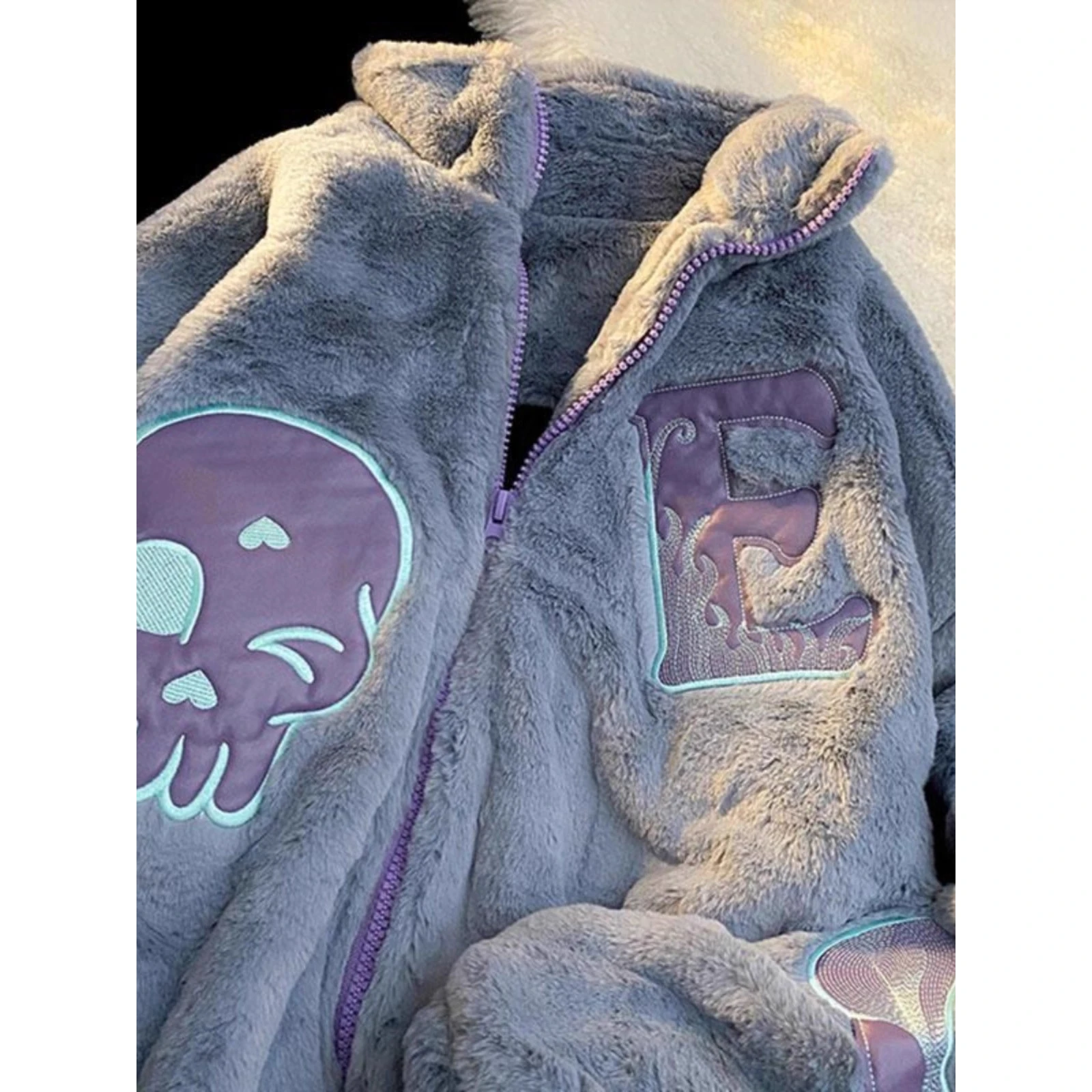 

Extra Large 300 Pou High Street Lamb Velvet Stand Collar Men's Jaet Autumn Winter Embroidered Letter Warm Cotton Trendy