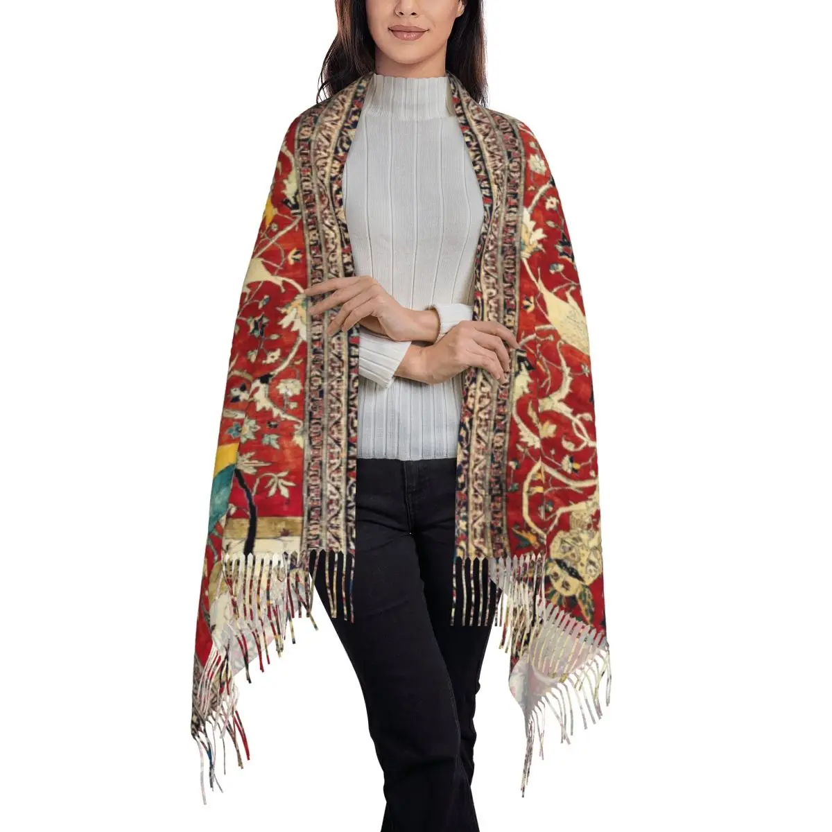 Personalizzato moda bohémien seta antico tappeto persiano nappa sciarpa donna scialli caldi avvolge sciarpe Kilim etniche turche femminili