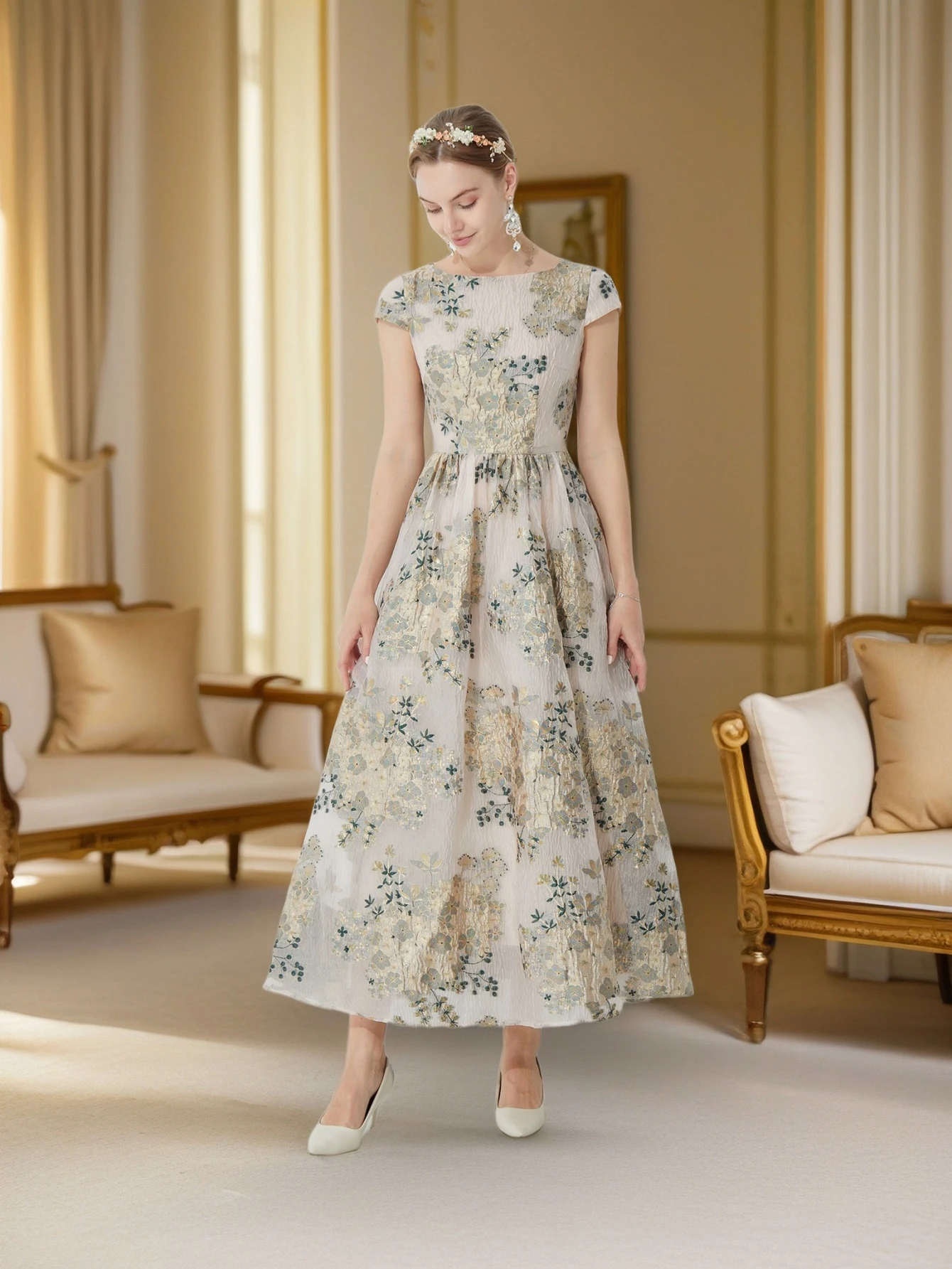 French Retro Formal Dress Jacquard Waist-Cinching Full-Skirt Long Gown - Luxury Celebrity Style Evening Banquet Elegant Dress