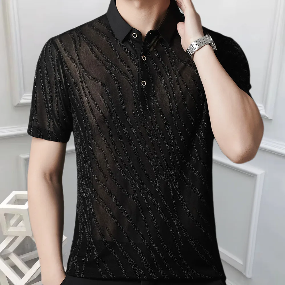 New Sexy Lace Polo Homme For Male Striped Jacquard Men Transparent Polo Shirt See Through Mesh Boss Polo Club Party Prom Chemise