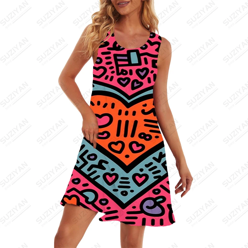 Vestido feminino sem mangas estampado em 3D, casual com gola redonda, macio e confortável, personalidade elegante, verão