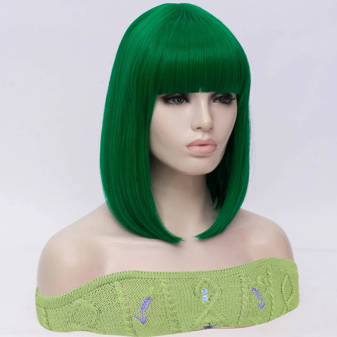 Green Short Straight Synthetic Wig with Bangs Bob Hair Wigs for Women Heat Resistant Cosplay Daily Party