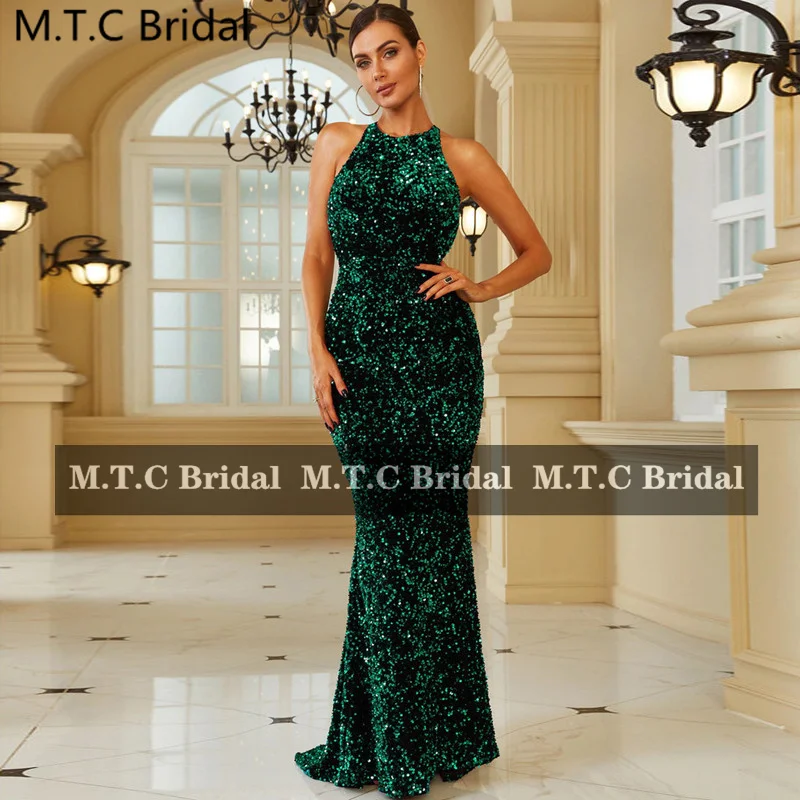 

Emerald Green Sexy Prom Dresses Backless Floor Length Elastic Sequins Sparkly Wedding Party Formal Gowns Robe De Soiree