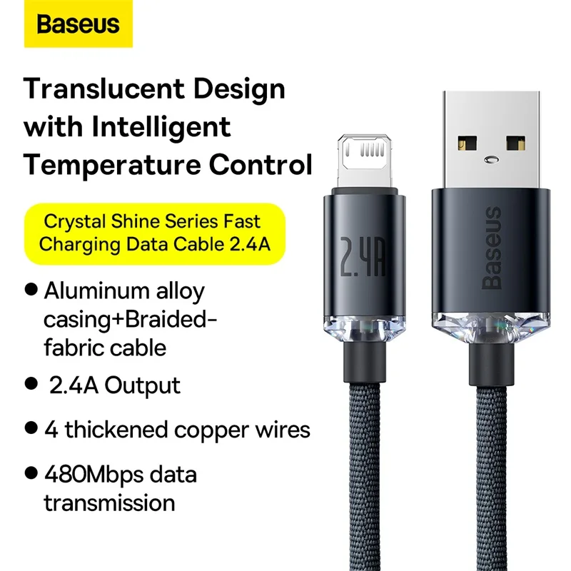 Baseus Crystal Shine Series Fast Charging Data Cable USB to iP Fast Charging Wire Cord USB-C Charger Mobile Phone Type-C 1.2M 2M