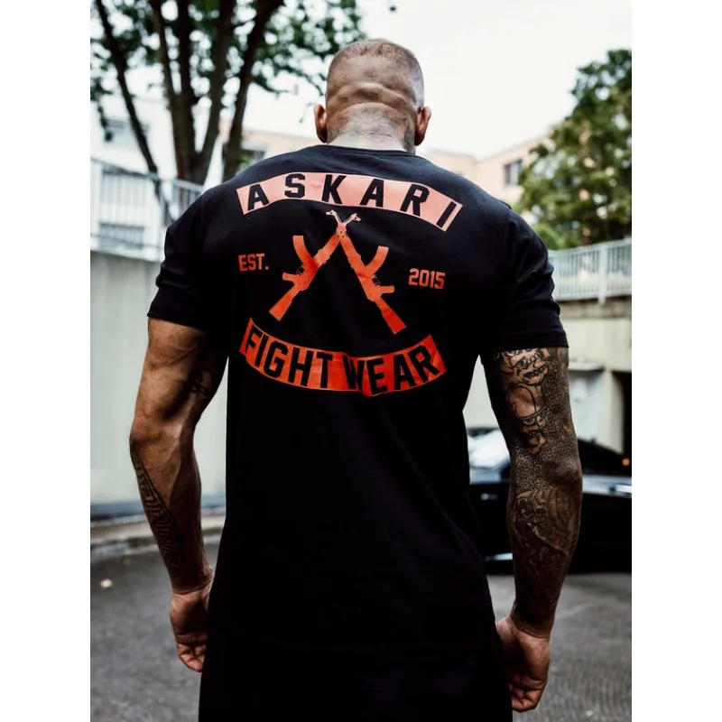 Men's ASKARI FIGHT WEAR Graphic T‑Shirt Black Back Print EST.2015 Short Sleeve Tactical Y2K Oversized Loose Streetwear Tops