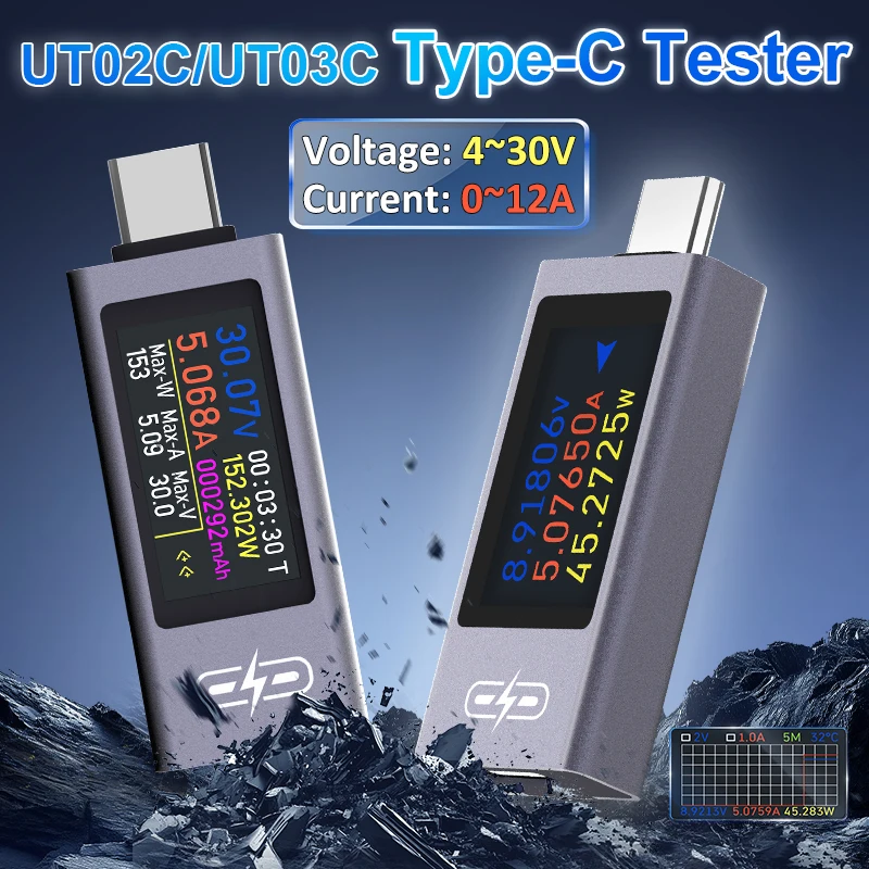 

UT02C/UT03C Тип-C Многофункциональный амперметр постоянного тока 4 ~ 30 В постоянного тока 12 А измеритель напряжения и тока тестер зарядки телефона тест батареи