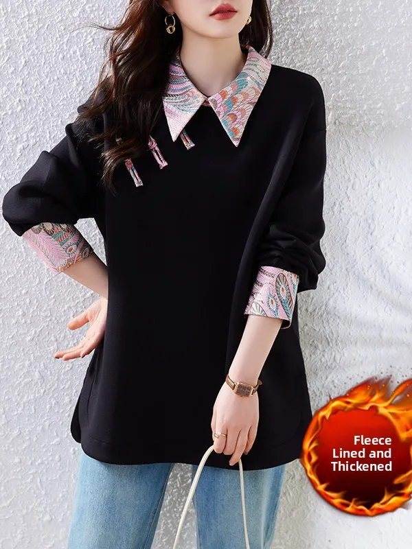 Thiened Fce Hoodie Women's Loose Fit Casual Vintage Patchwork Knitwear Winter New Sle Large Size Fem Top