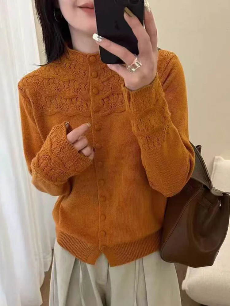 Cardigan aperto a collo alto lavorato a maglia morbida maglione autunno inverno da donna modello Sve scava fuori ricamo casual Sle