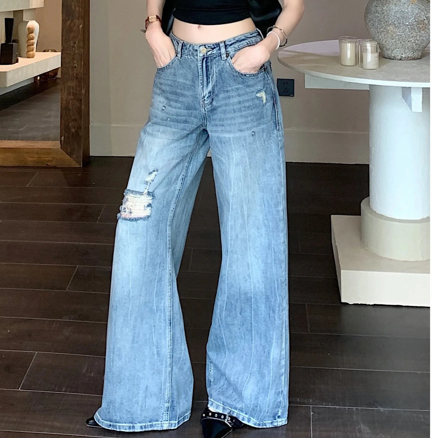 

Blue High Waist Loose Wide Leg Straight Cut Jeans Summer New Style Casual Loose Feeling Hole Design Long Pants for Women