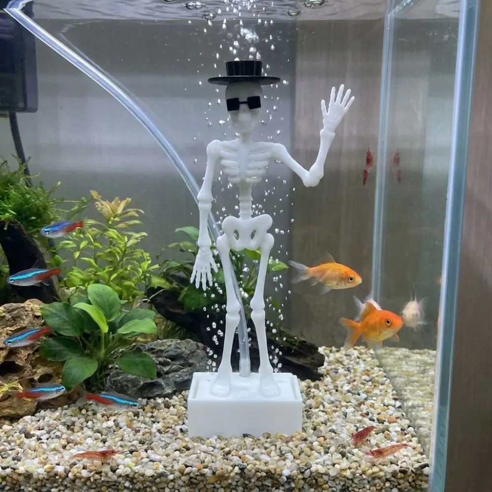 New 3D Printed Dancing Skeleton Aquarium Bubbler Plastic Wear Hat Sunglasses Dynamic Skeleton Bubbler Gothic Air Driven