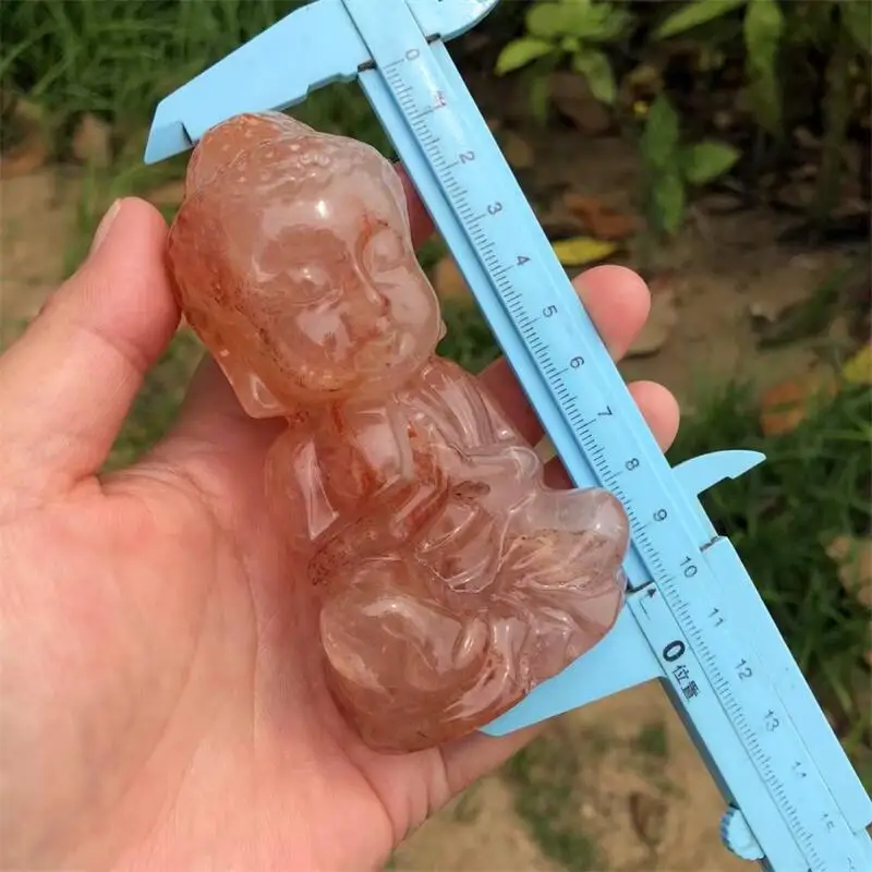 10CM Natural Red Fire Quartz Hematoid Buddha Carving Figurine Ornament Feng Shui Craft Home Decor Stone Holiday Gift