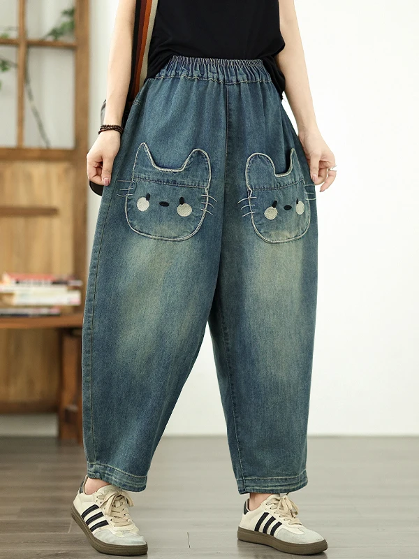 

Casual Harajuku Style Women's Jeans Spring Summer New Personality Pocket Elastic Waist Denim Loose Fit Blue Cotton Blend
