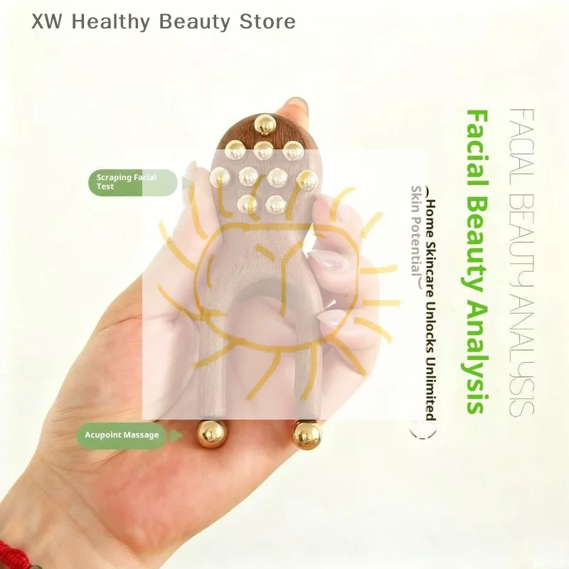 12 Copper Beads Guasha Face Massager Tool Sandalwood Handle Fascia Lifting Face Manual Massager Anti Static Frog Shape Handheld