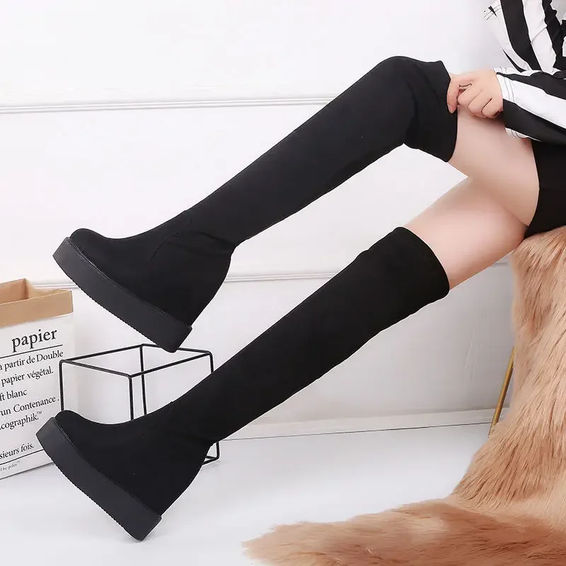 

Korean Winter Women's Fleece Lined Boots Slimming Over The Knee Thick Wedge Heel Hidden Lift Petite Size Chic and Elegant