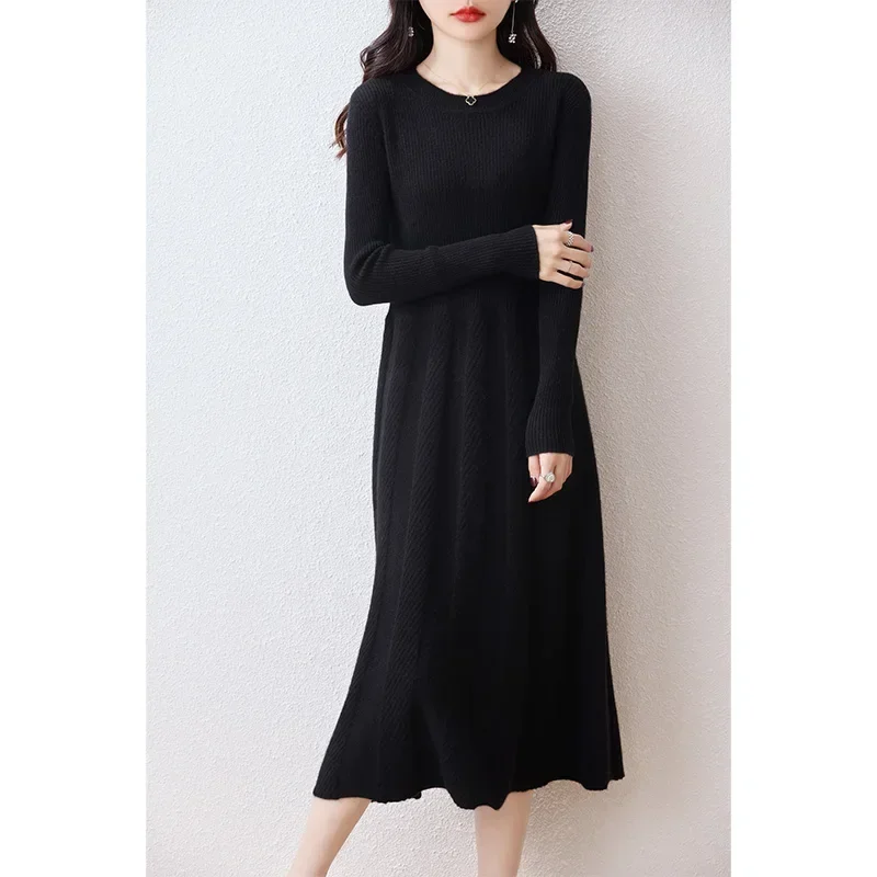 Hot Sale 100% Merino Wool Knitted Sweater Women Dress Winter/Autumn Female Knee Length Dresses Long Style Thicken Knit Jumper