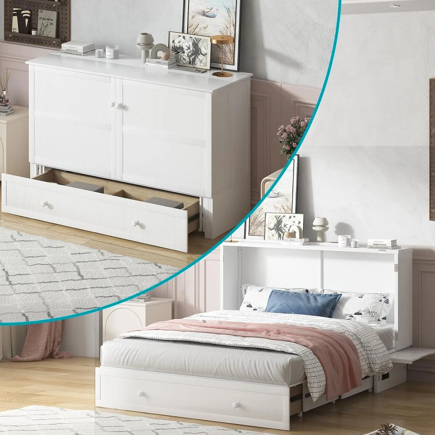 

Murphy Cabinet Bed, Queen Cabinet Bed with Mattress, USB Charging Ports, Storage Drawers, Bedside Panel, Hidden, Customized