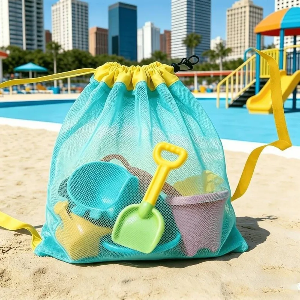Portable Mesh Beach Bag Quick Dry Breathable Drawstring Beach Bag Large Capacity Foldable Beach Tote Bag Beach Activities