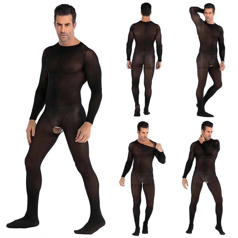 Full Body Tights Unisex Bodysuits เปิด Crotch Men Bodysuits ชุดชั้นในเซ็กซี่ Crotchless ชุดนอนสีดําคอสเพลย์เครื่องแต่งกายเกย์ Exotic