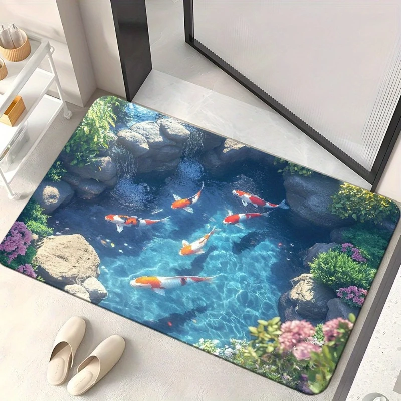 Washable Living Room Decoration Koi Carpet 3D Visual Effect Anti-slip Floor Mat Bathroom Door Rug Waterproof Rugs for Bathroom