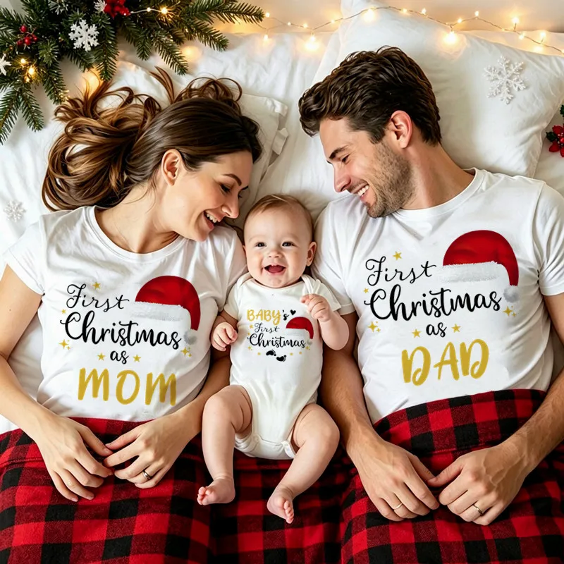 Family Matching Christmas T-shirt First Christmas As Mom Dad Brother Santa Hat Print Family Outfits Baby Romper Xmas Clothing view 4