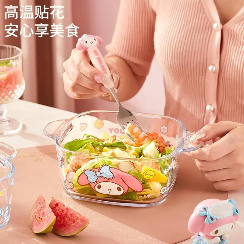 

Sanrio Cinnamoroll Hello Kitty Anime Sweet Kawair Glass Bowl Cute Cartoon My Melody Household Dessert Salad Yogurt Cutlery Gifts