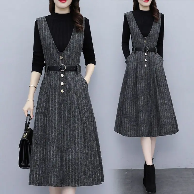 Women's Autumn Winter Fashion V-neck Striped Button Sashes Temperament Versatile Long Sleeved Slim Fit Suit with Strap Dress