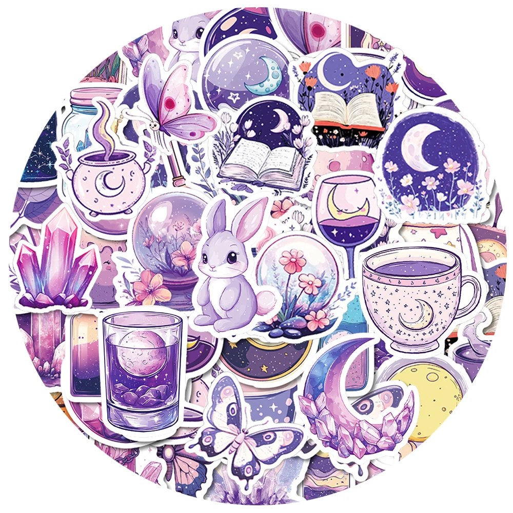 

10/30/50pcs INS Style Purple Moon Aesthetic Stickers Cute Cartoon Magic Crystal Decals DIY Luggage Notebook Phone Sticker Pack