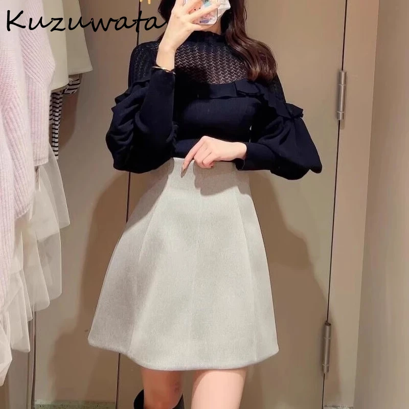 Kuzuwata New High Waist Ruched A-line Sweet Falda Slim Fit Elegant Fresh Mujer Faldas Japan 2024 Early Spring All-match Skirt