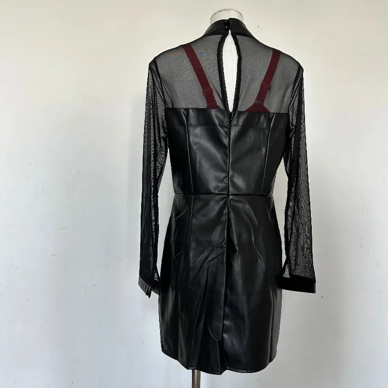 Abito in PU con giunture in rete nera Abito attillato alla moda a maniche lunghe Bodycon Skinny Slim Mini gonna da sera per feste Abiti femminili sexy