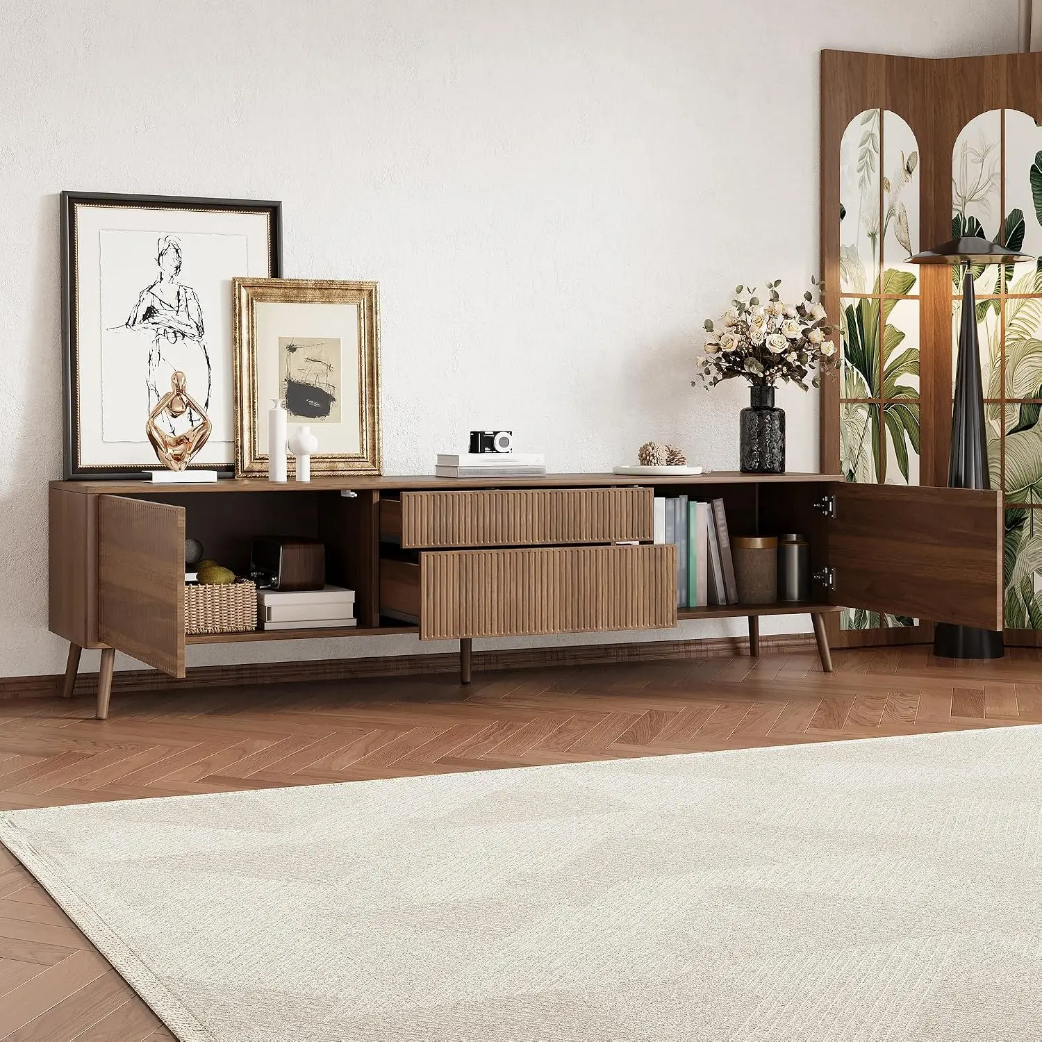 Mid-Century TV Stand with 2 Doors & 2 Fluted Drawers Media Console for 80 Inch TV Cable Management Living Room, Customized