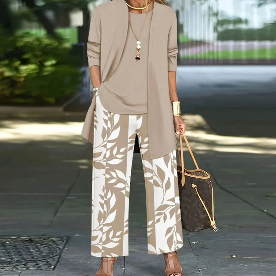 

3 Piece Set Women Casual Loose Printed Wide Leg Pants Long Sleeve Cardigan Tank Top Outfit