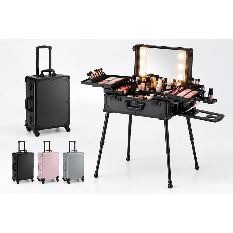 22 Inch Aluminum Makeup Case with Light Large Capacity Professional Cosmetic Trolley Box for Makeup Artists