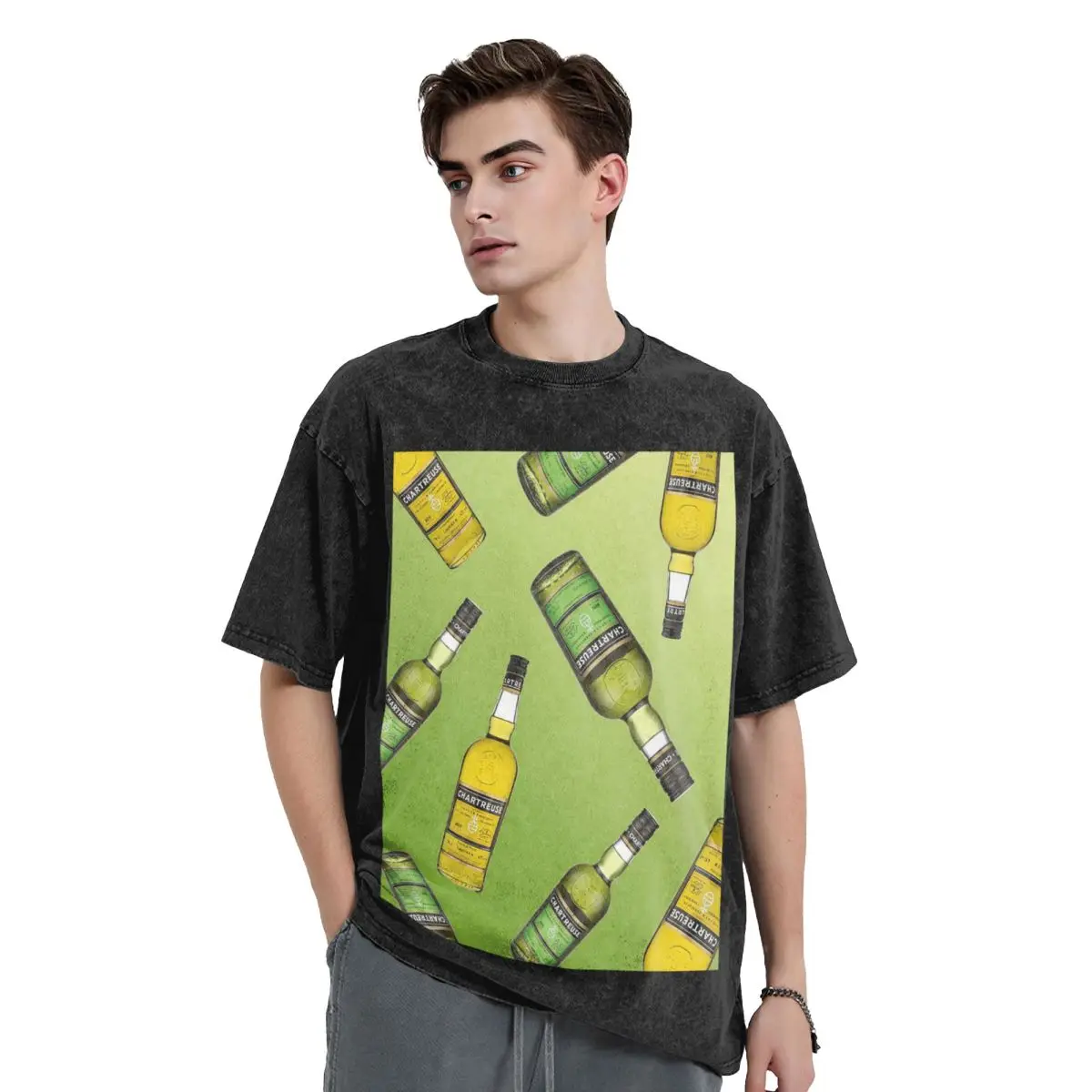 

Зеленая бутылка Chartreuse, картина маслом, мытые футболки с короткими рукавами, футболка в стиле хип-хоп, уличная одежда, футболки для мужчин и женщин