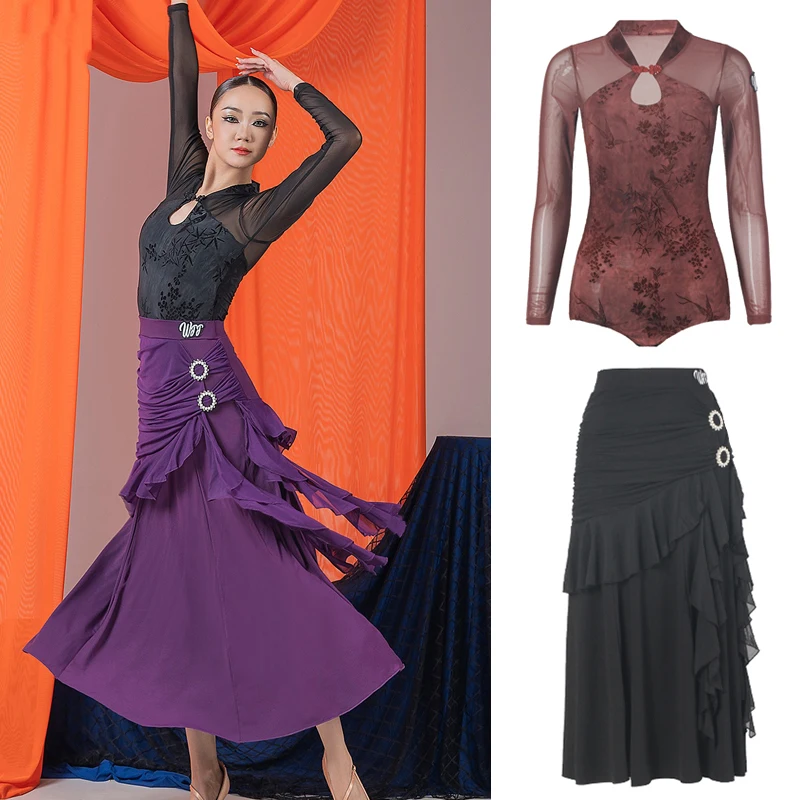 

Waltz Ballroom Dance Professional Costume Women Rumba Modern Dancing Clothes Long Sleeves Latin Top Ruffled Skirts SL13788