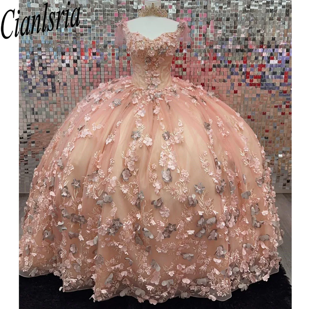 Quinceanera Dresses Ball Gown 3D Floral Appliques Lace Sleeveless Off Shoulder Handmade Flowers Sweet 15 Party