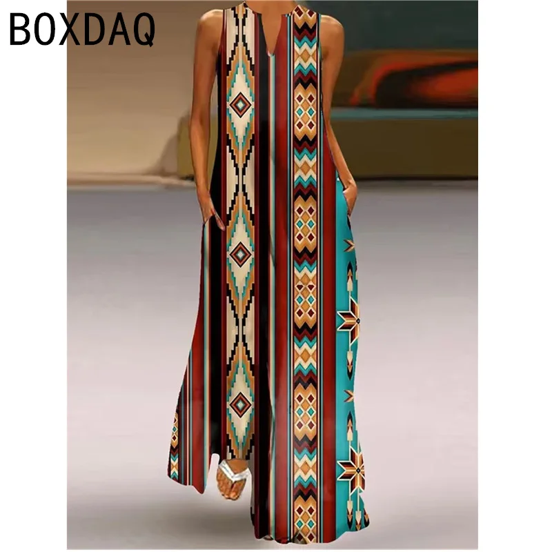 Retro Bohemian Style Geometric Pattern Print Dress Women's Summer Sleeveless V-Neck Beach Vacation Maxi Dress Vestidos De Mujer