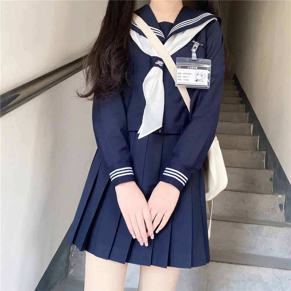 Dark Blue Three Orthodox JK School Uniform Girls S-XXL College Style Sailor Spring Summer Suit Women Shirt Pleated Skirt