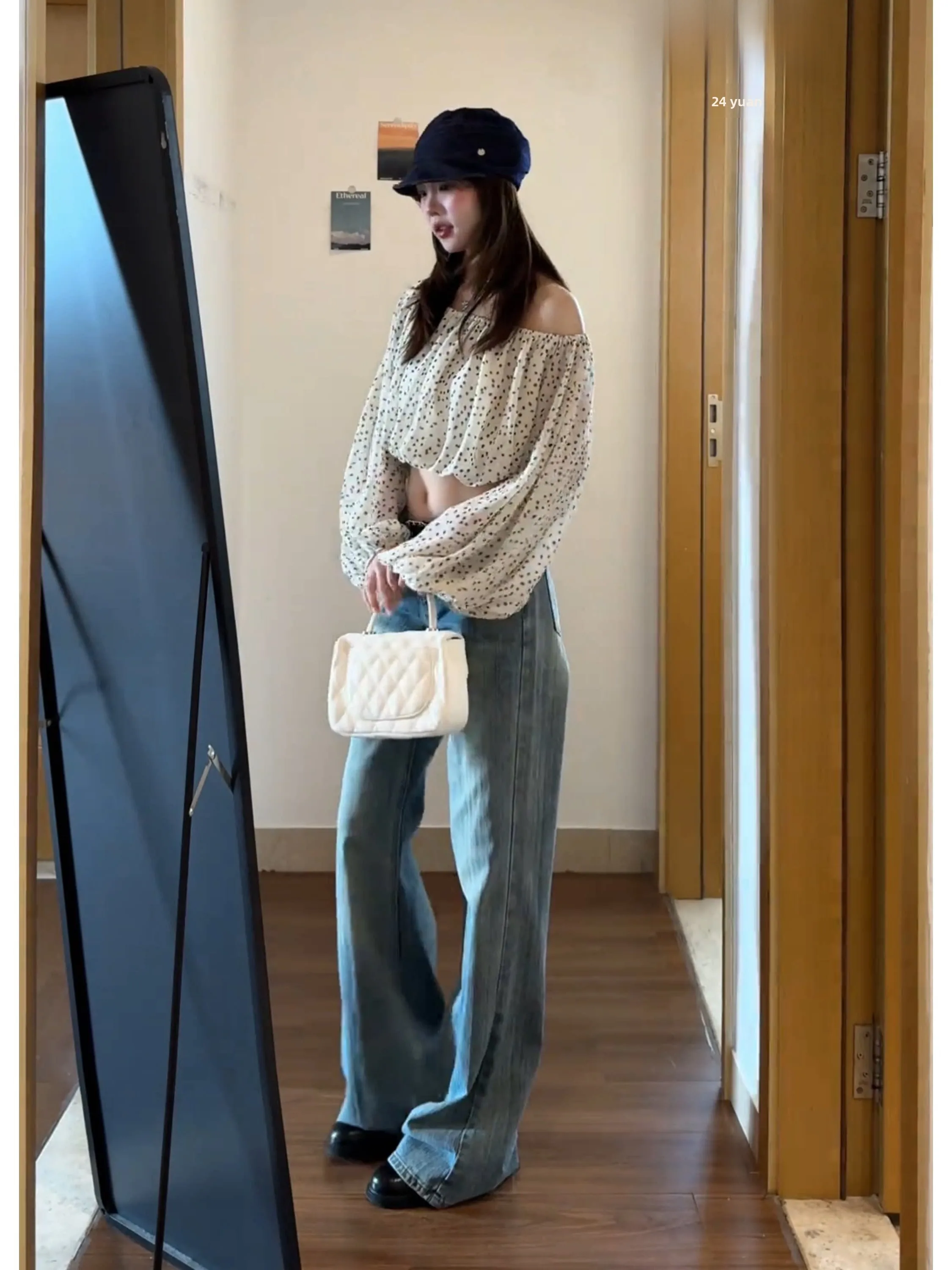 

Женская блузка больших размеров в горошек на одно плечо с длинным рукавом, весенняя новинка, свободный крой, в корейском стиле, стройнящая, для повседневной носки