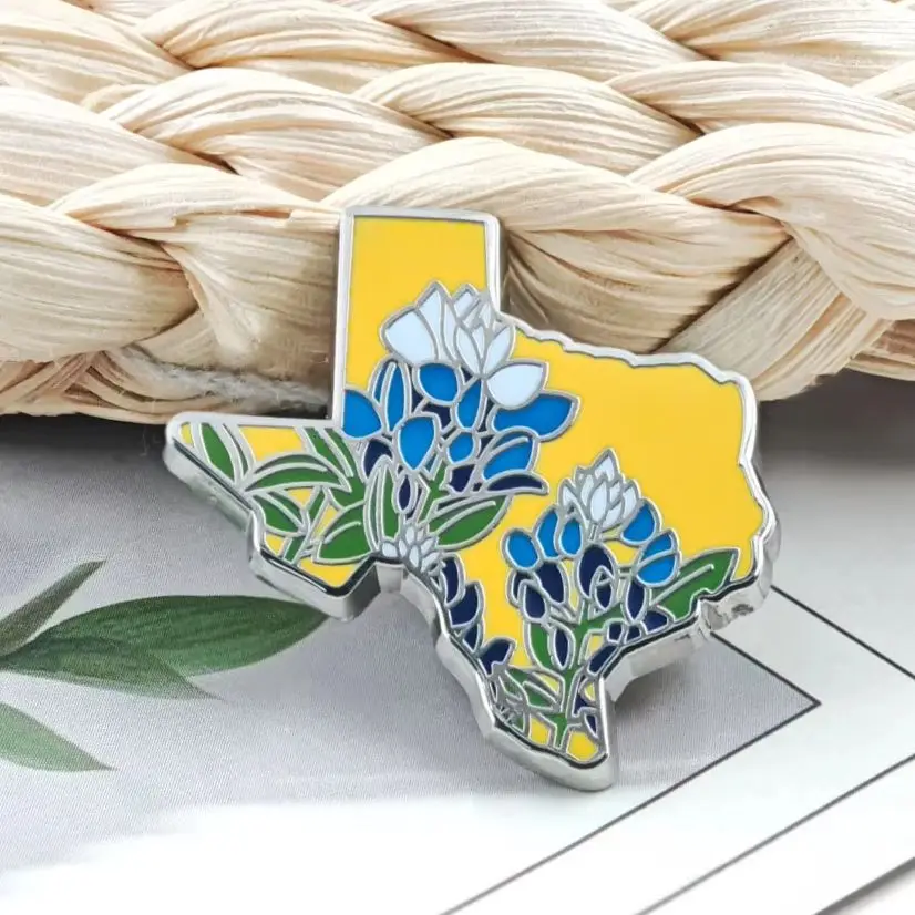 Texas Bluebonnet Enamel Pin State Map Shape Flower Brooch Metal Badge Lapel Pins US Travel Souvenir Jewelry Gift for Texan Frien