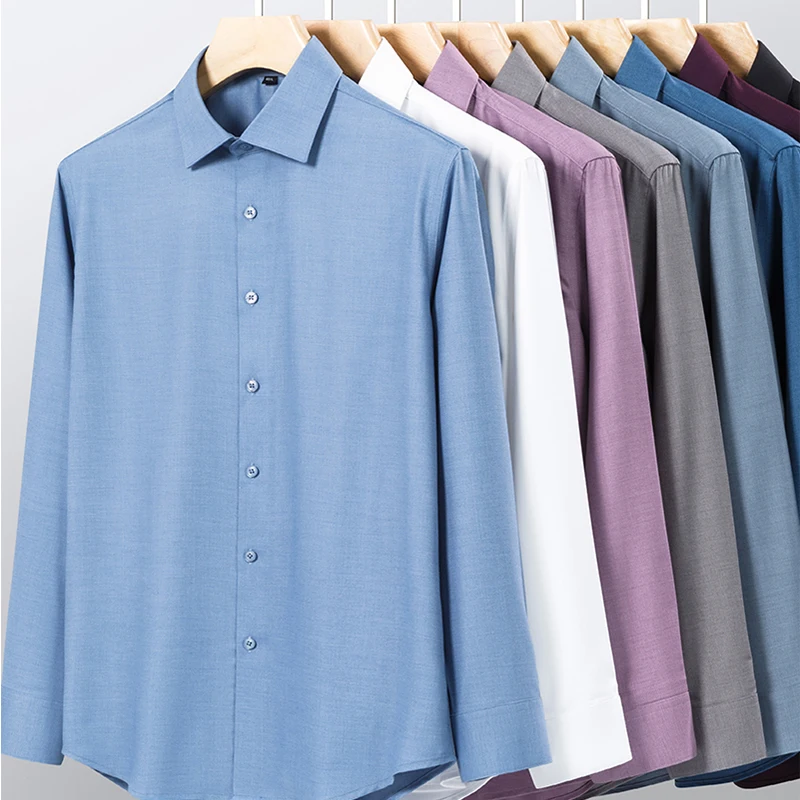 Men's Slim Fit Wool Long Sleeve Shirt High Quality Elastic Soft White Formal Top Designer Office Wear Black Clothes