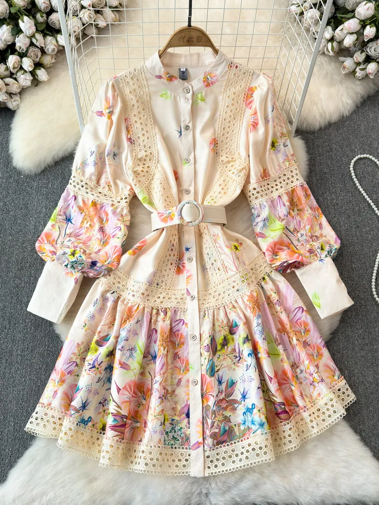 

Spring Autumn Court Style Lantern Long Sleeves Woman Dress Stand Collar Waist Cinched Slimming Lace Splicing A-Line Print Dress