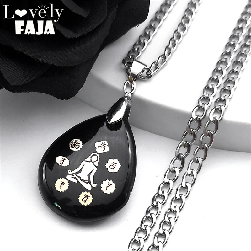 

Water Drop Pendant Yoga Kabbala Necklace for Women Men Stainless Steel Black Color Stone Meditation Necklaces Jewelry NZZZ366-1