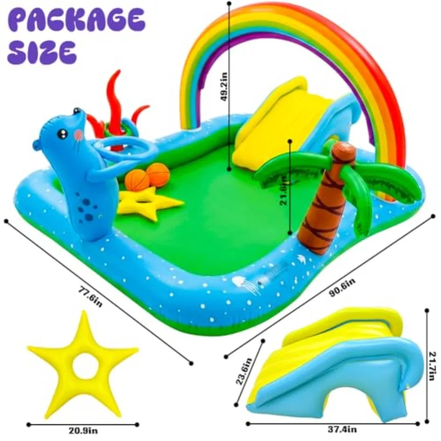 Backyard inflatable play center pool with water slide, PVC rainbow-colored sprinkler arch seal design for kids' summer splash f