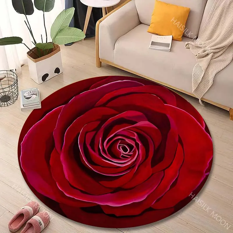 1PC Red rose in bloom Print Round Carpet for Living Room Bedroom Sofa Table Floor Mat Area Rug Luxury Gift